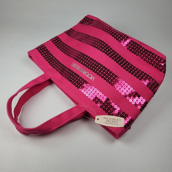 NWT Victoria's Secret Small Petite Sequin Pink Striped Canvas Shimmery Tote Bag - Picture 7 of 10